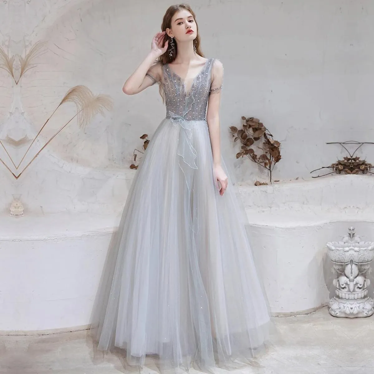 Abito da sera grigio maniche Abiti da sera grigi Donna Abito da sera grigio Donna Lungo