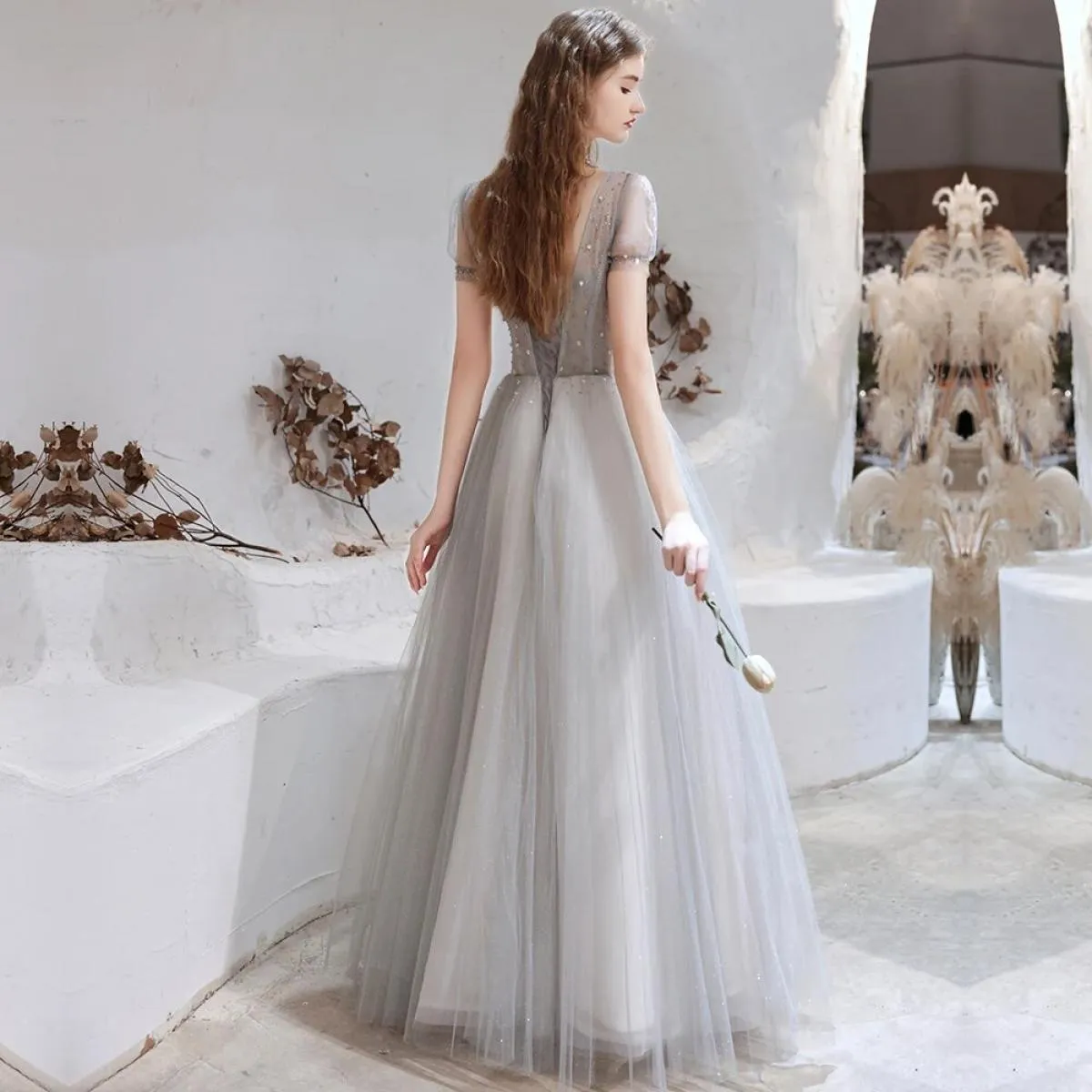 Abito da sera grigio maniche Abiti da sera grigi Donna Abito da sera grigio Donna Lungo