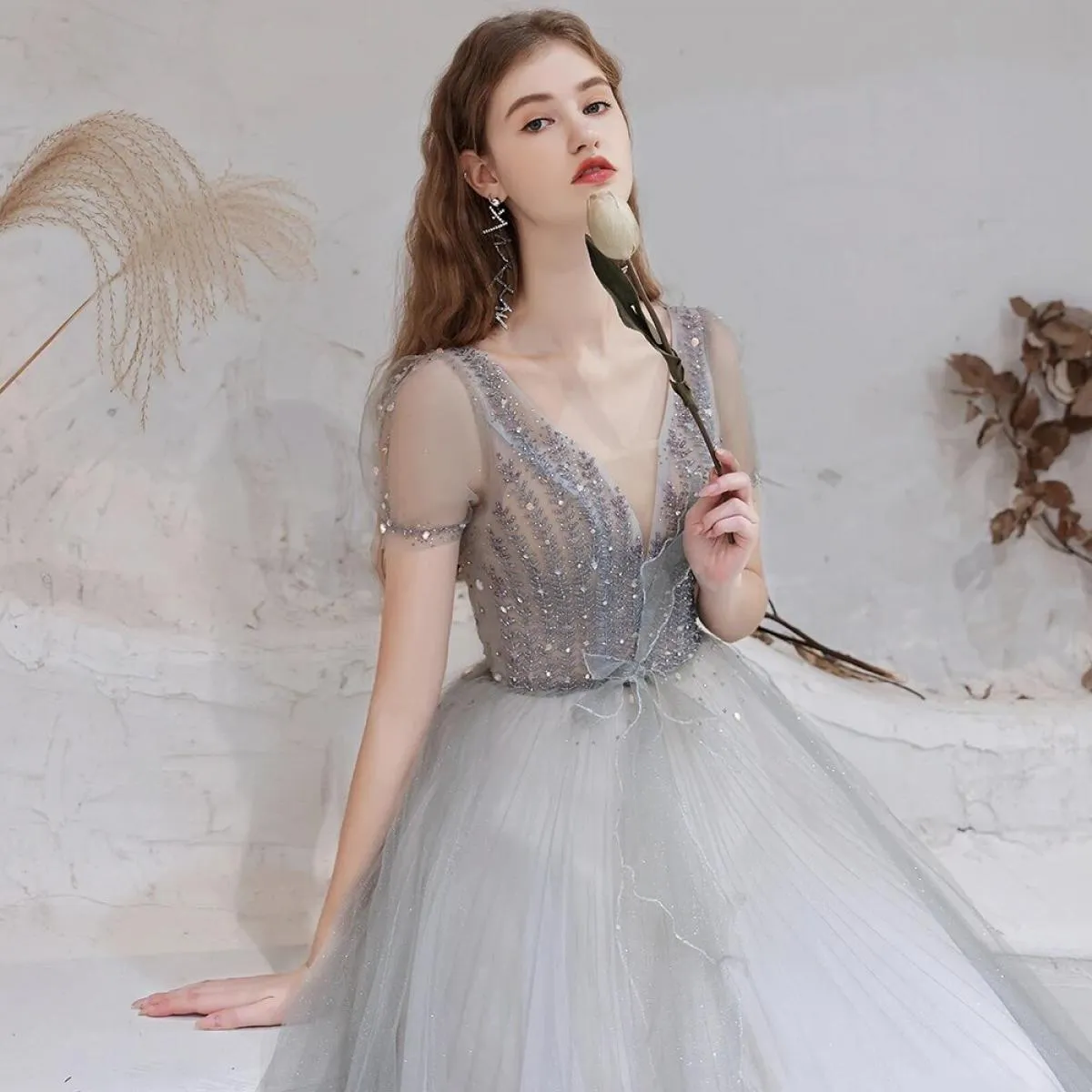 Abito da sera grigio maniche Abiti da sera grigi Donna Abito da sera grigio Donna Lungo