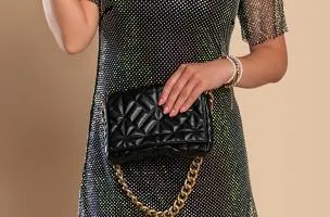 Abito sfoderato in rete con strass, nero