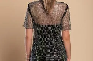 Abito sfoderato in rete con strass, nero