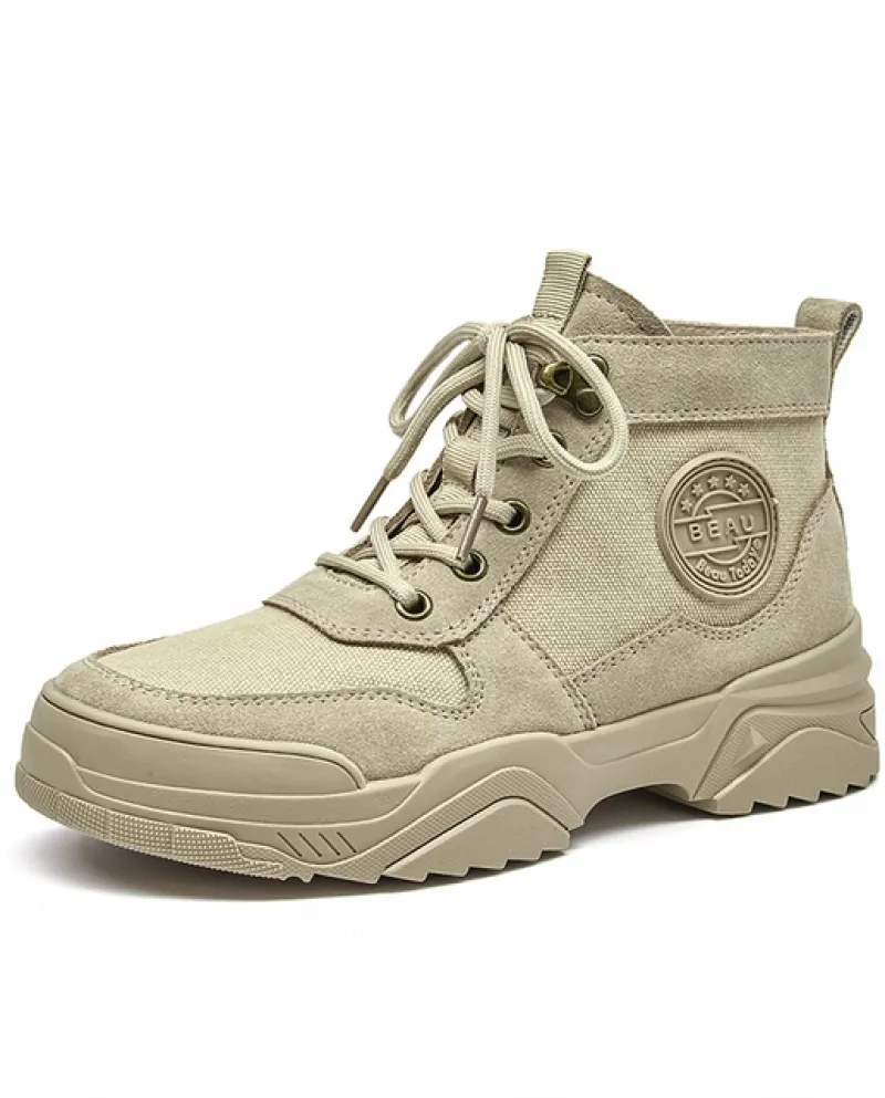 Beautoday Desert Stivaletti Donna Pelle Scamosciata Mucca Tela Pacthwork Stivali Da Combattimento Casual Autunno High Top Scarpe