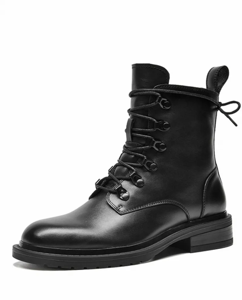 Beautoday Stivaletti Donna Vera Pelle di Mucca Ceratura Punta Rotonda Cerniera Laterale Decorazione In Metallo Scarpe Femminili
