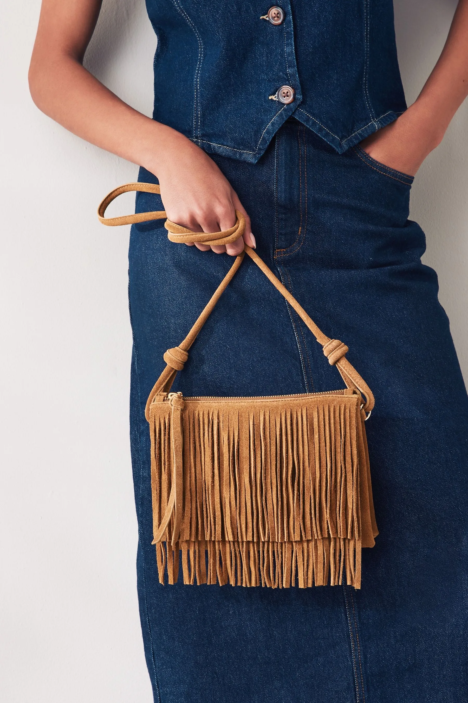 Borsa a tracolla western in pelle con frange