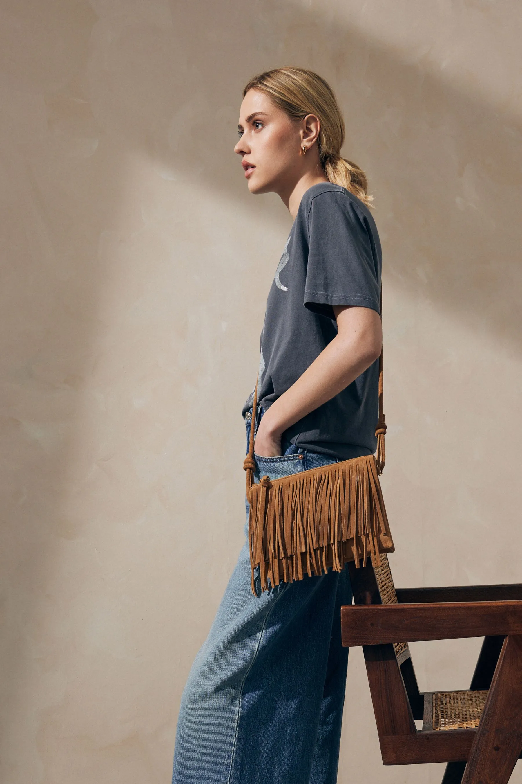 Borsa a tracolla western in pelle con frange