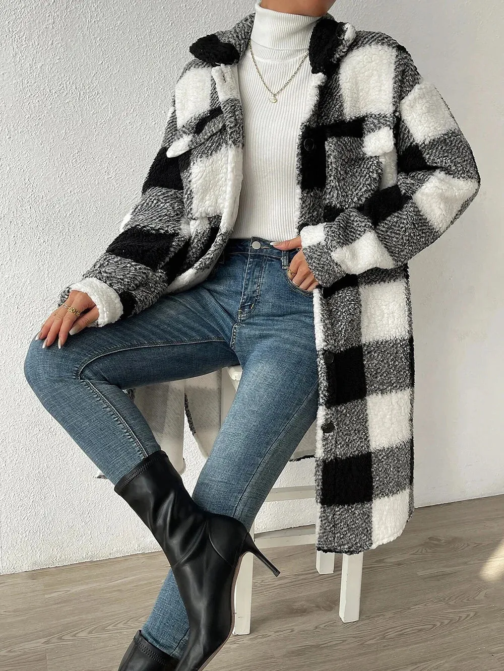 Cappotto Teddy Trama Scozzese Capospalla Caldo Plaid Donna Manica Lunga Bottoni Tasche