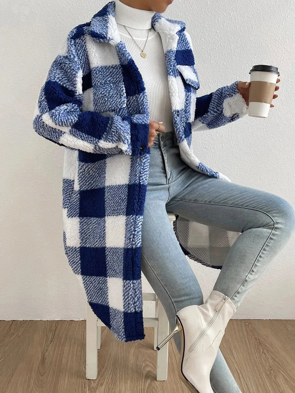Cappotto Teddy Trama Scozzese Capospalla Caldo Plaid Donna Manica Lunga Bottoni Tasche