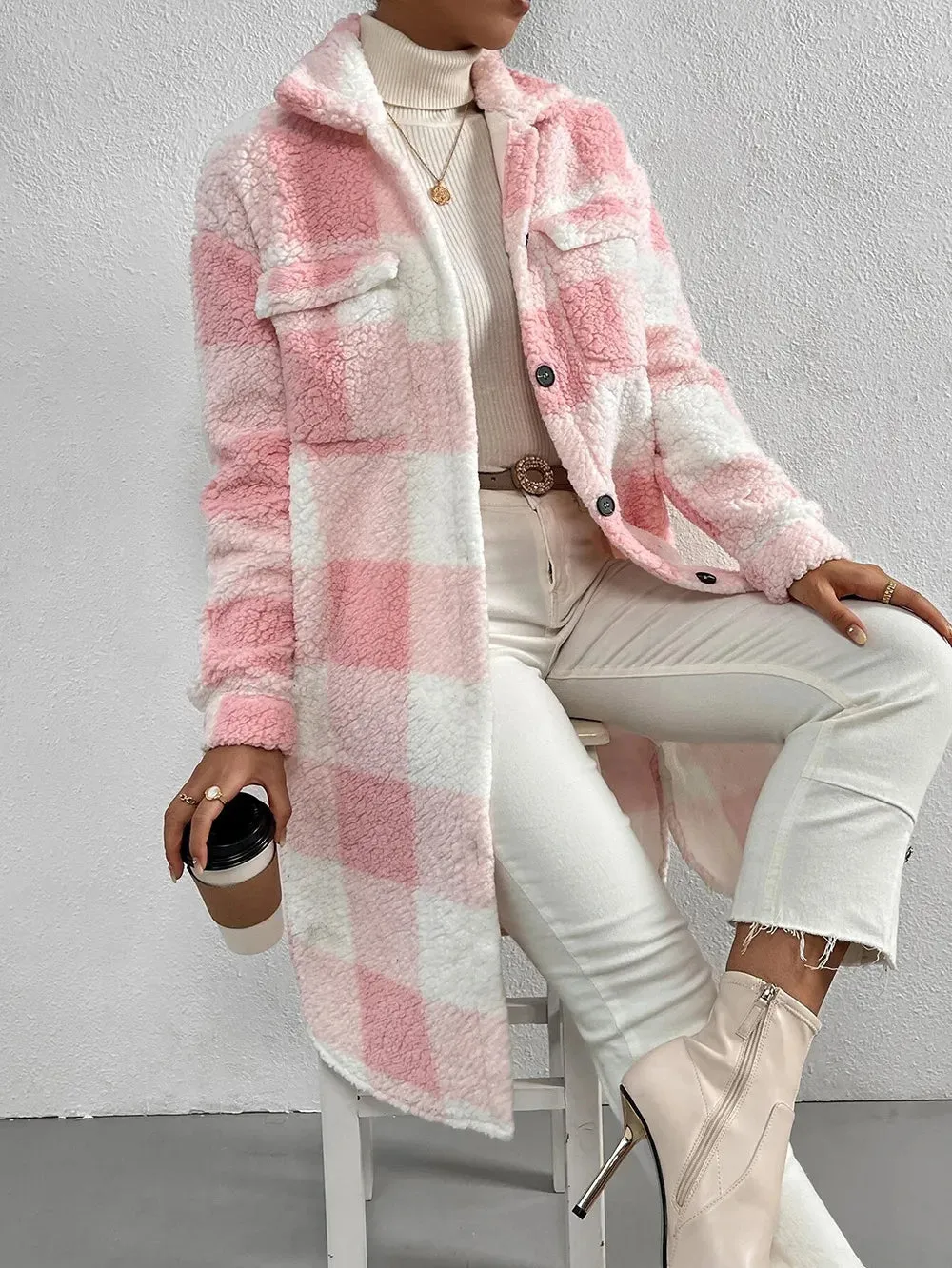 Cappotto Teddy Trama Scozzese Capospalla Caldo Plaid Donna Manica Lunga Bottoni Tasche