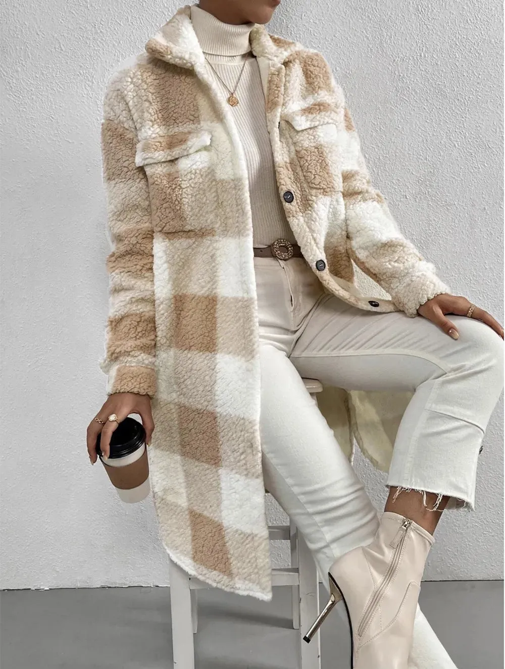 Cappotto Teddy Trama Scozzese Capospalla Caldo Plaid Donna Manica Lunga Bottoni Tasche