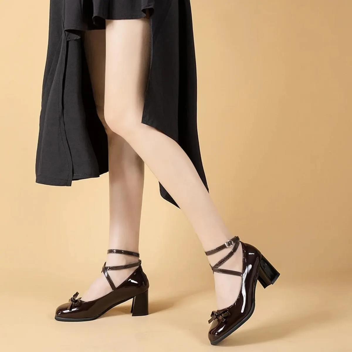 Décolleté neri retrò con lacci incrociati Scarpe casual estive con punta tonda Scarpe da donna alla moda dolce Design con fiocco