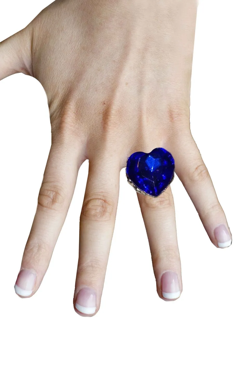 Gioiello di bigiotteria anello con montatura a fiore con grande pietra a cuore blu