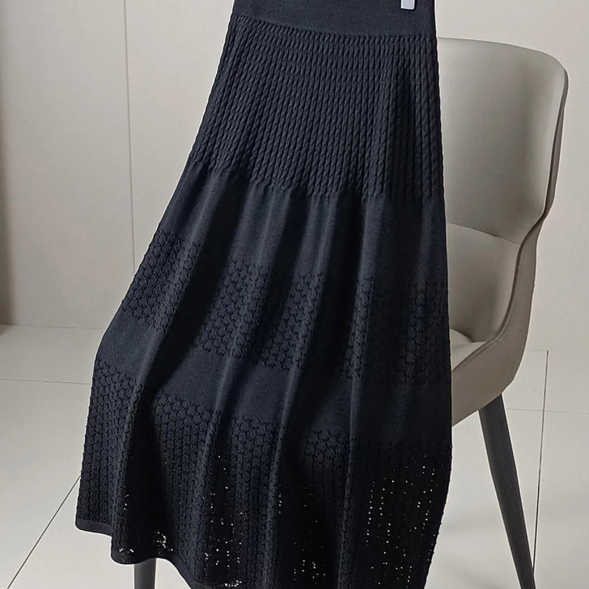 Gonna lunga a coste all'uncinetto scavata da donna con fodera a vita alta senza pilling gonne drappeggiate a maglia A Line 2023