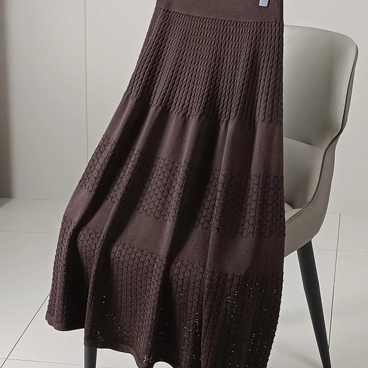 Gonna lunga a coste all'uncinetto scavata da donna con fodera a vita alta senza pilling gonne drappeggiate a maglia A Line 2023