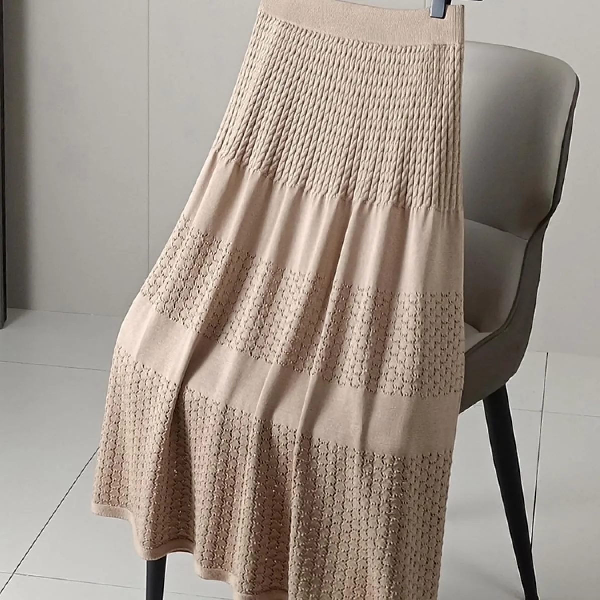 Gonna lunga a coste all'uncinetto scavata da donna con fodera a vita alta senza pilling gonne drappeggiate a maglia A Line 2023