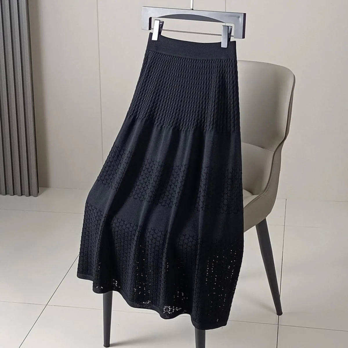 Gonna lunga a coste all'uncinetto scavata da donna con fodera a vita alta senza pilling gonne drappeggiate a maglia A Line 2023