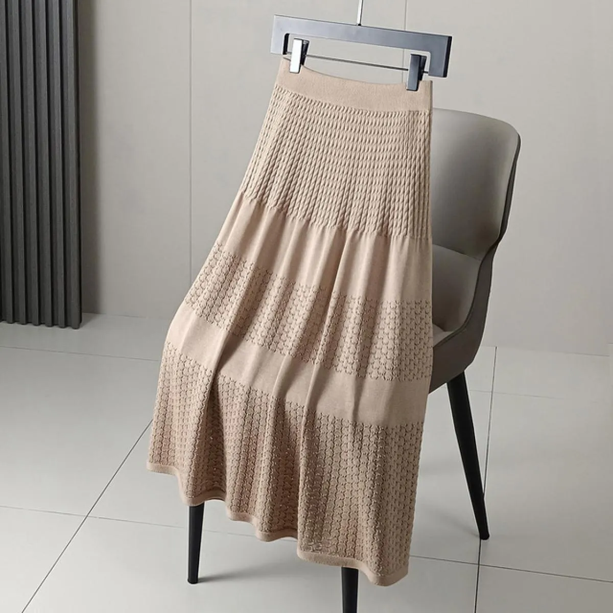 Gonna lunga a coste all'uncinetto scavata da donna con fodera a vita alta senza pilling gonne drappeggiate a maglia A Line 2023