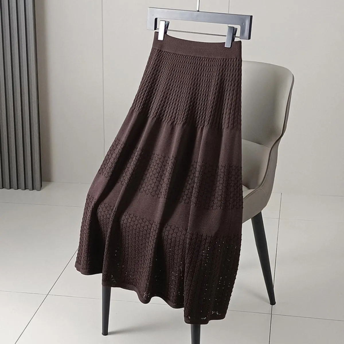 Gonna lunga a coste all'uncinetto scavata da donna con fodera a vita alta senza pilling gonne drappeggiate a maglia A Line 2023
