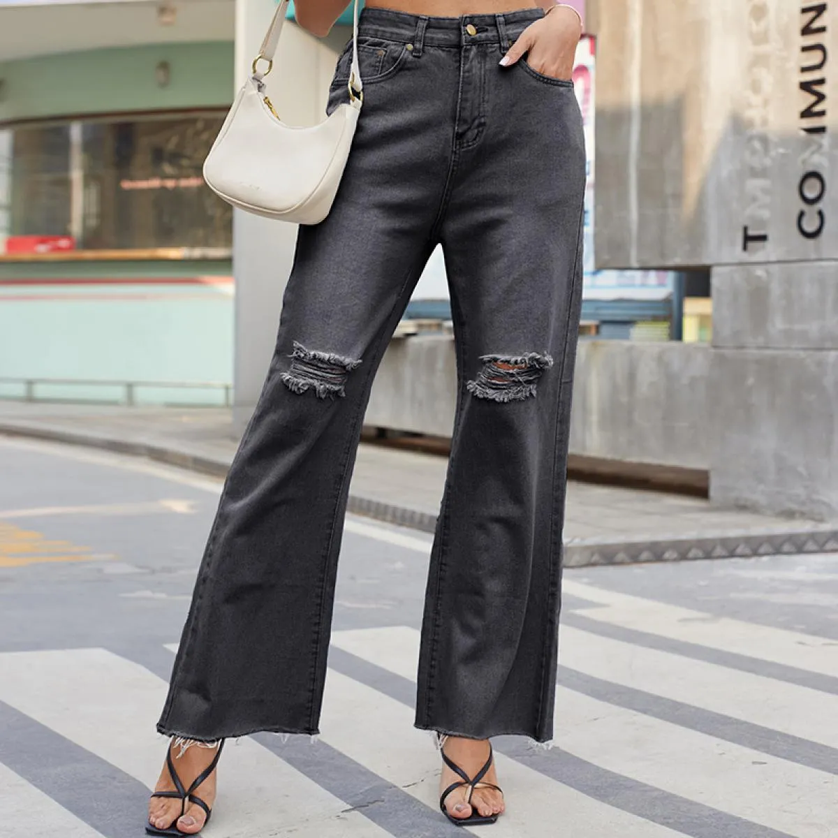 Jeans strappati Pantaloni larghi a gamba larga larghi da donna Moda Street Style Pantaloni a gamba larga svasati 2023 New Casual