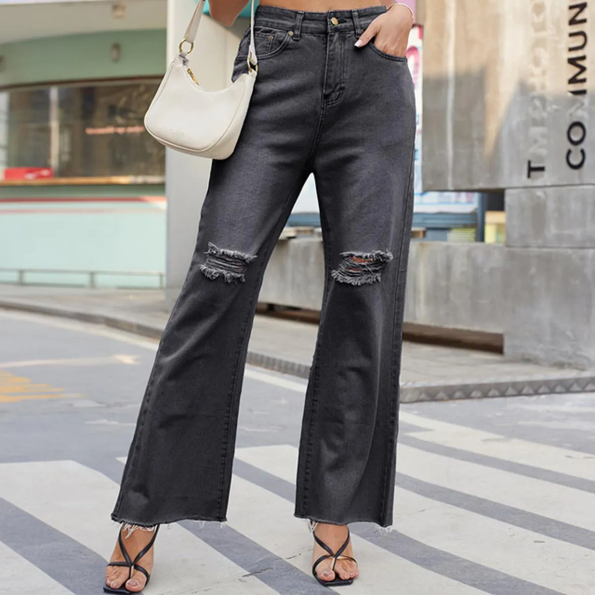 Jeans strappati Pantaloni larghi a gamba larga larghi da donna Moda Street Style Pantaloni a gamba larga svasati 2023 New Casual