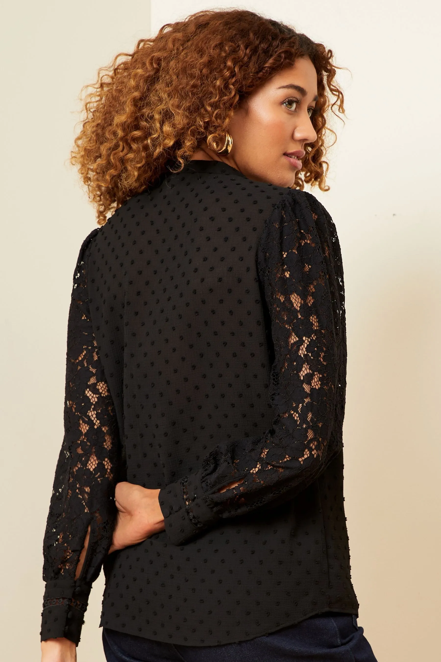 Love & Roses Lace Dobby Mix V Neck Blouse    
