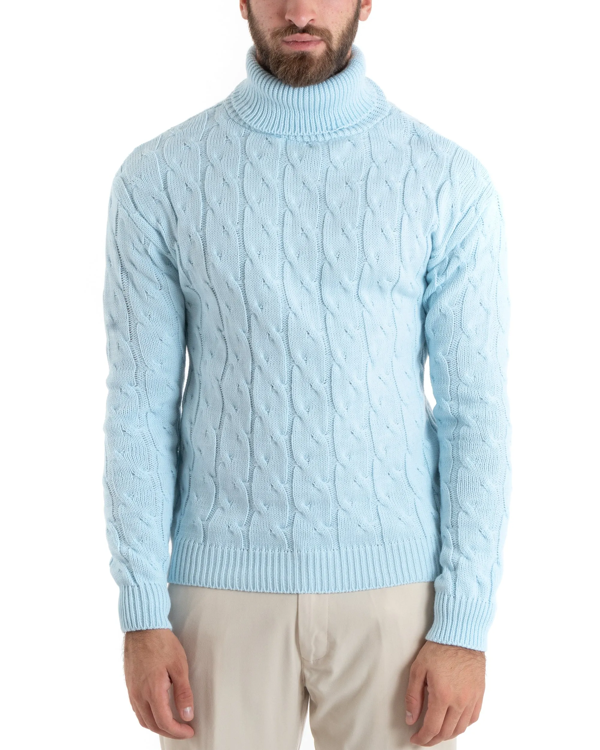 Maglioncino Uomo Collo Alto Maglia Inglese Con Trecce Celeste Pullover Dolcevita GIOSAL-M2710A