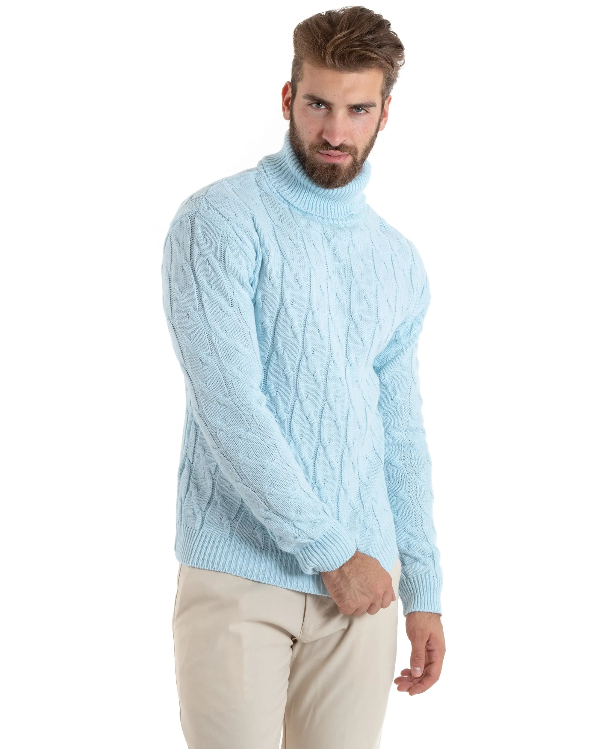 Maglioncino Uomo Collo Alto Maglia Inglese Con Trecce Celeste Pullover Dolcevita GIOSAL-M2710A