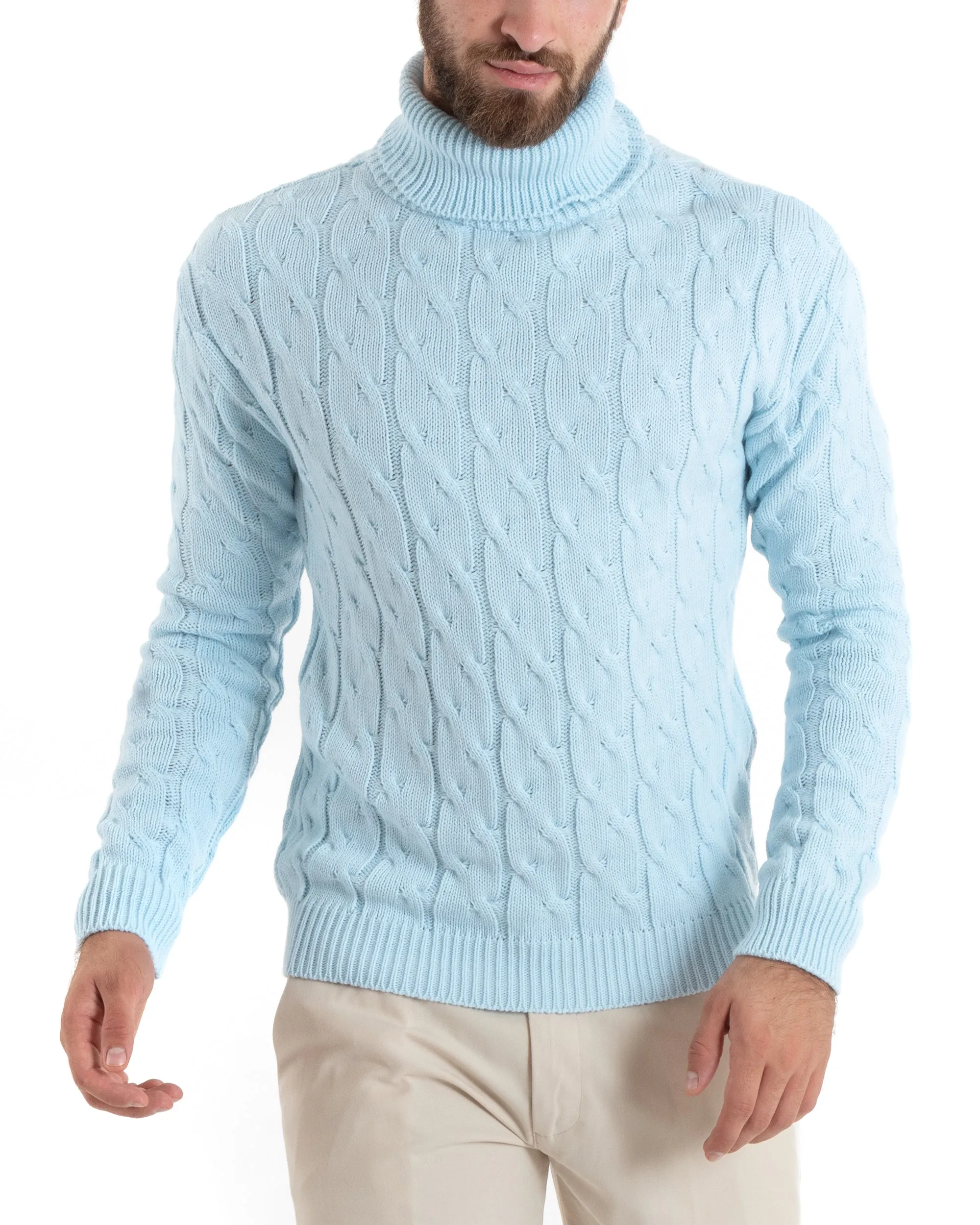 Maglioncino Uomo Collo Alto Maglia Inglese Con Trecce Celeste Pullover Dolcevita GIOSAL-M2710A