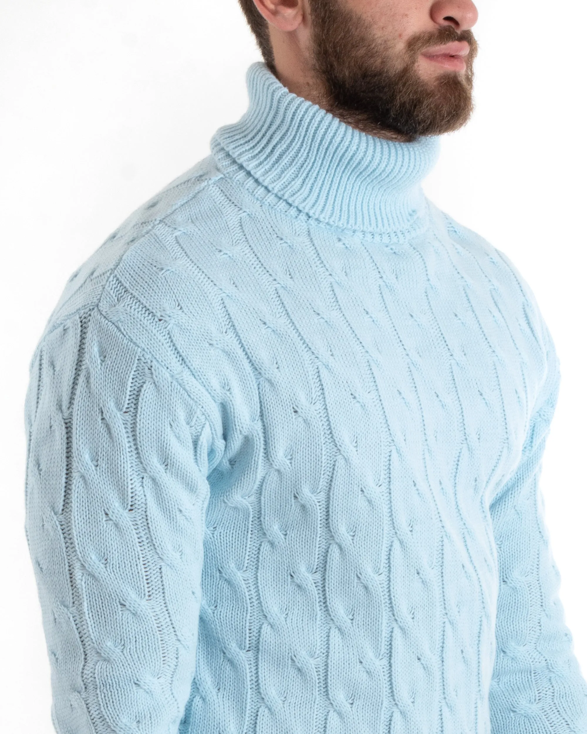 Maglioncino Uomo Collo Alto Maglia Inglese Con Trecce Celeste Pullover Dolcevita GIOSAL-M2710A