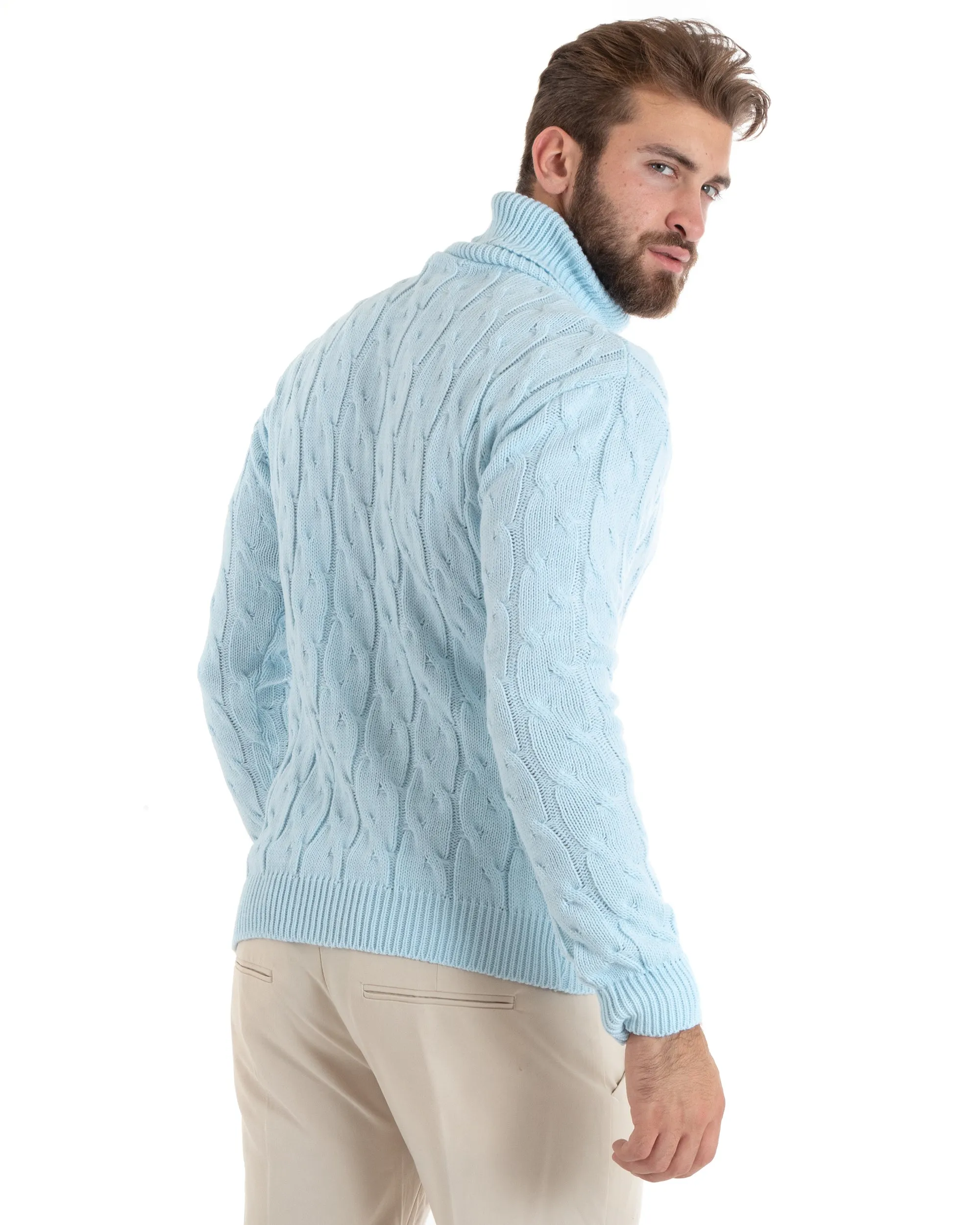 Maglioncino Uomo Collo Alto Maglia Inglese Con Trecce Celeste Pullover Dolcevita GIOSAL-M2710A