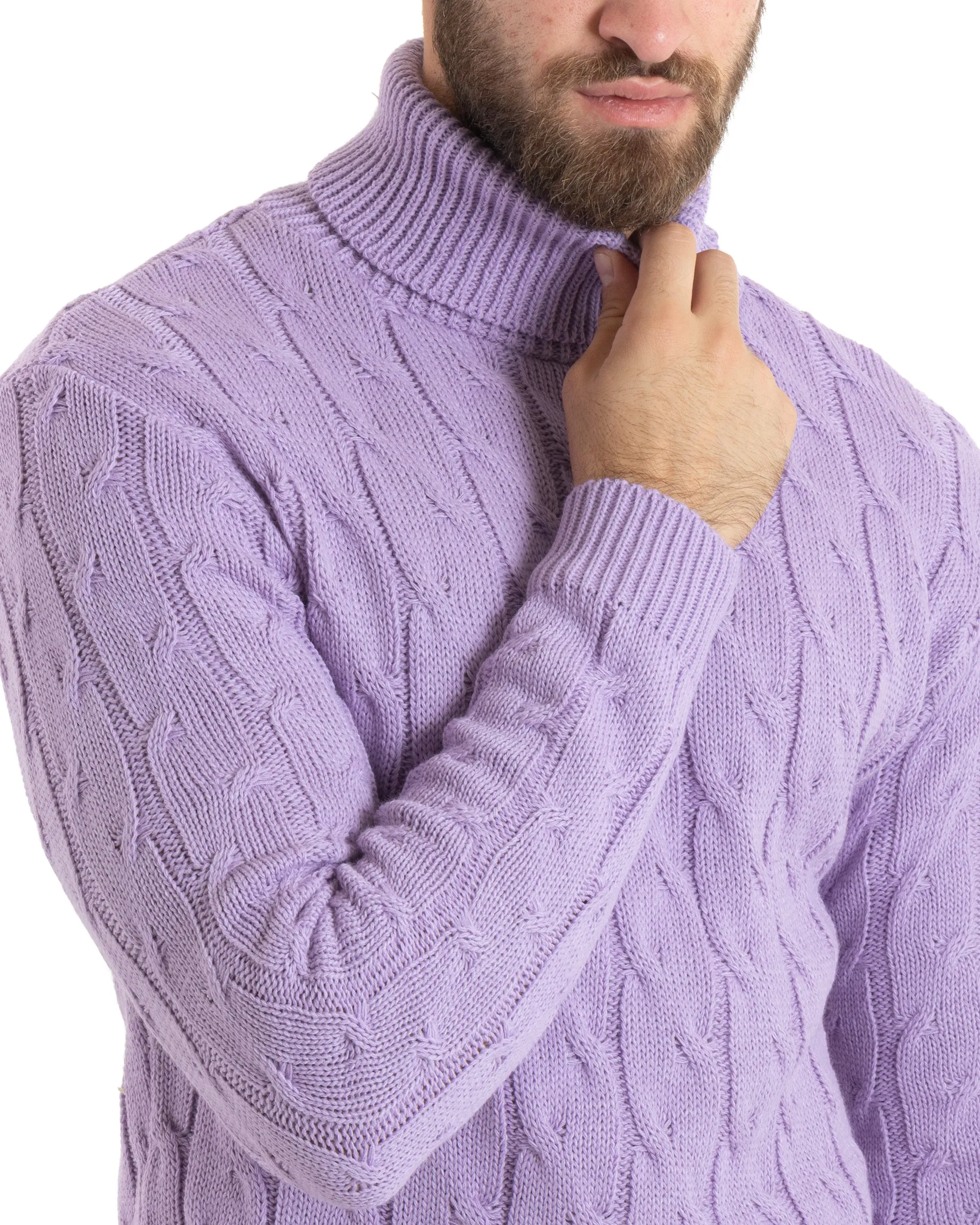 Maglioncino Uomo Collo Alto Maglia Inglese Con Trecce Glicine Pullover Dolcevita GIOSAL-M2712A