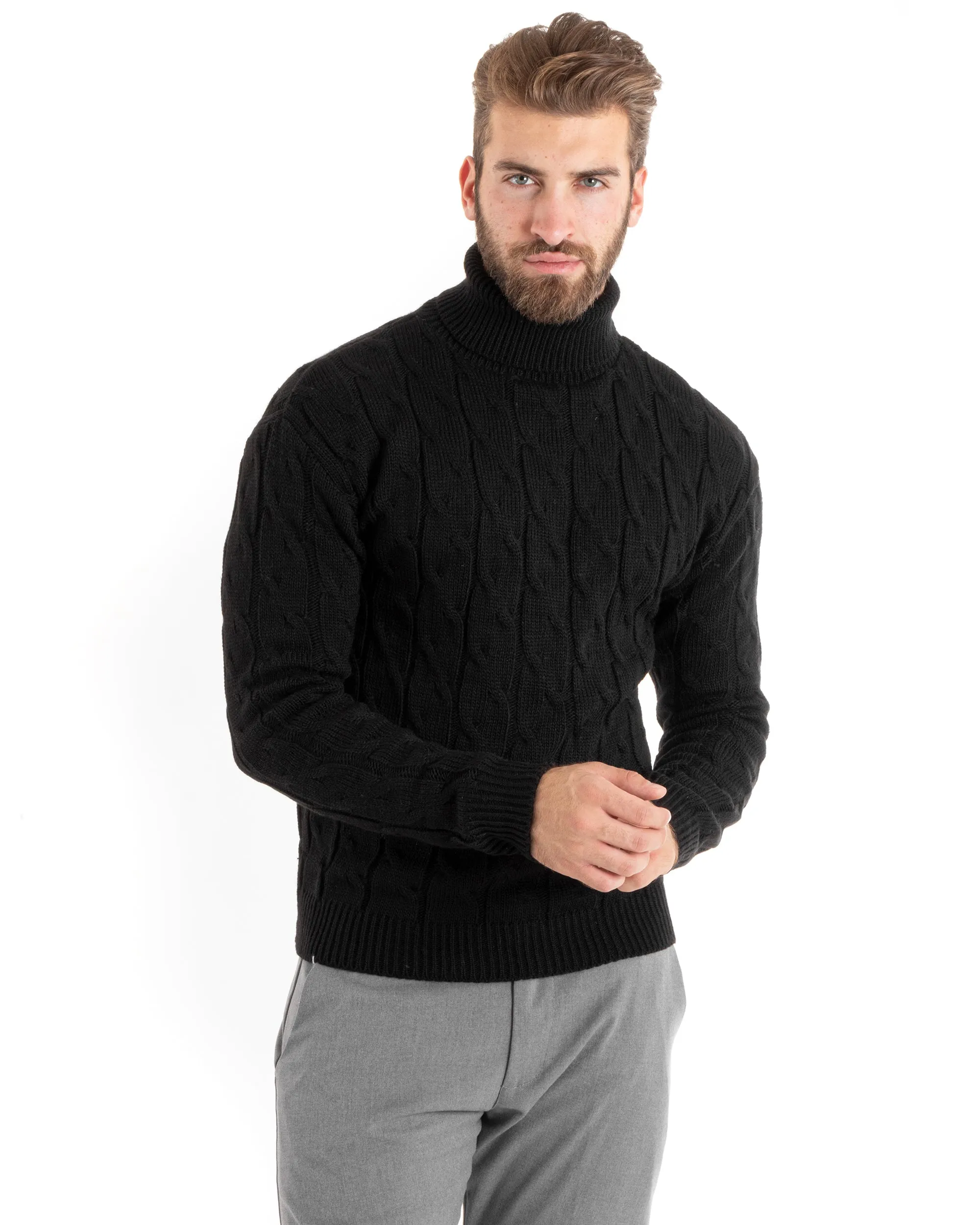 Maglioncino Uomo Collo Alto Maglia Inglese Con Trecce Nero Pullover Dolcevita GIOSAL-M2715A