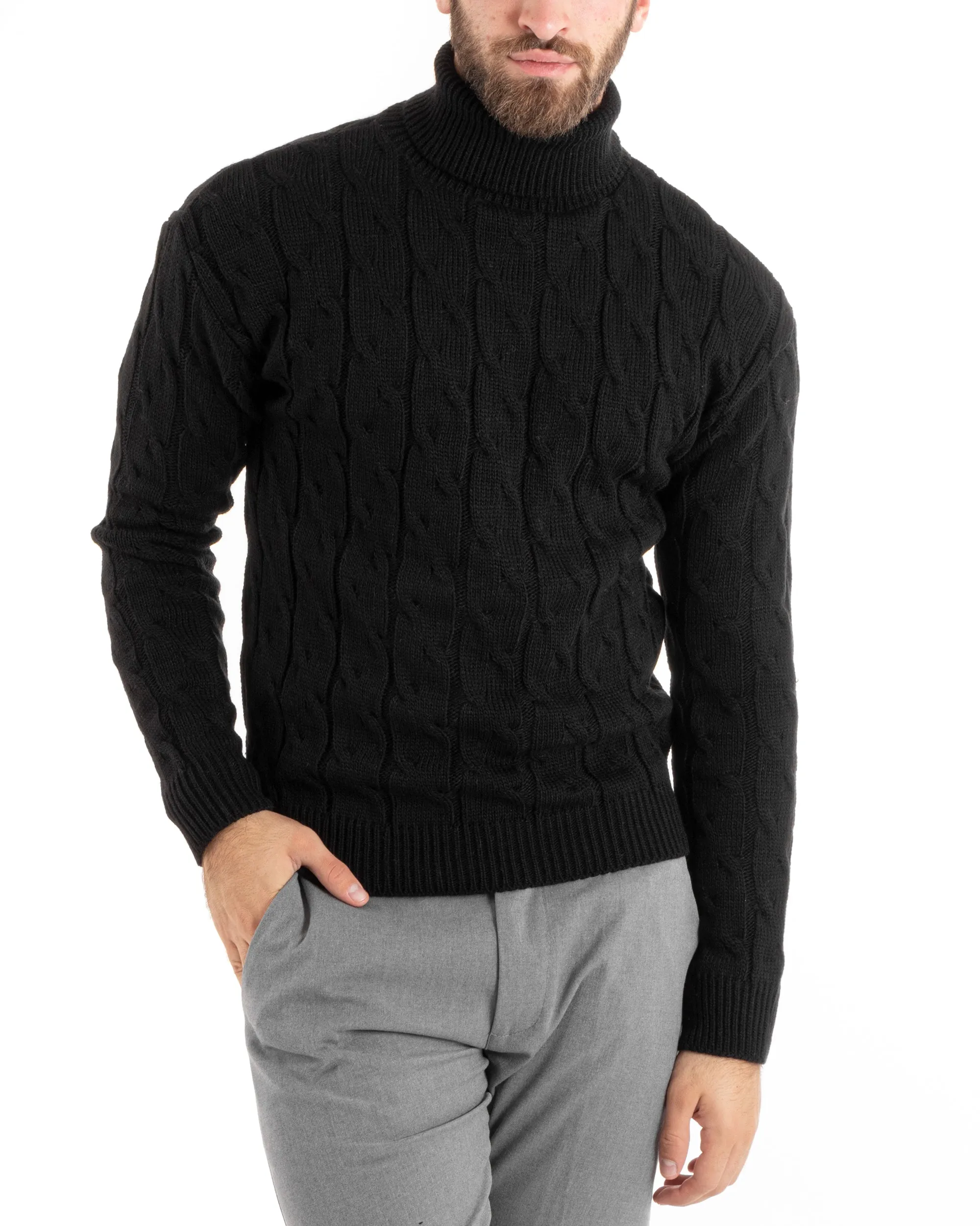 Maglioncino Uomo Collo Alto Maglia Inglese Con Trecce Nero Pullover Dolcevita GIOSAL-M2715A