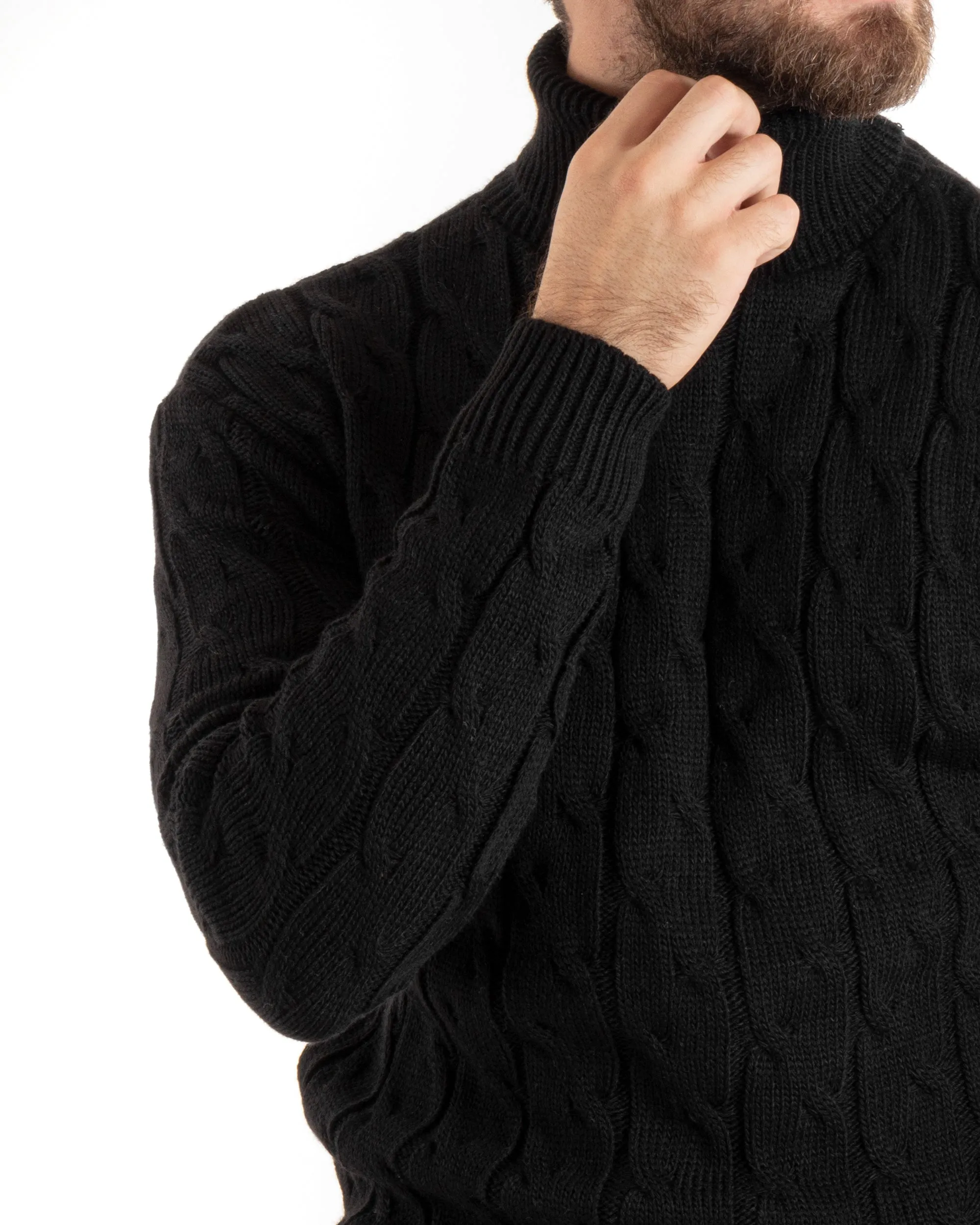 Maglioncino Uomo Collo Alto Maglia Inglese Con Trecce Nero Pullover Dolcevita GIOSAL-M2715A