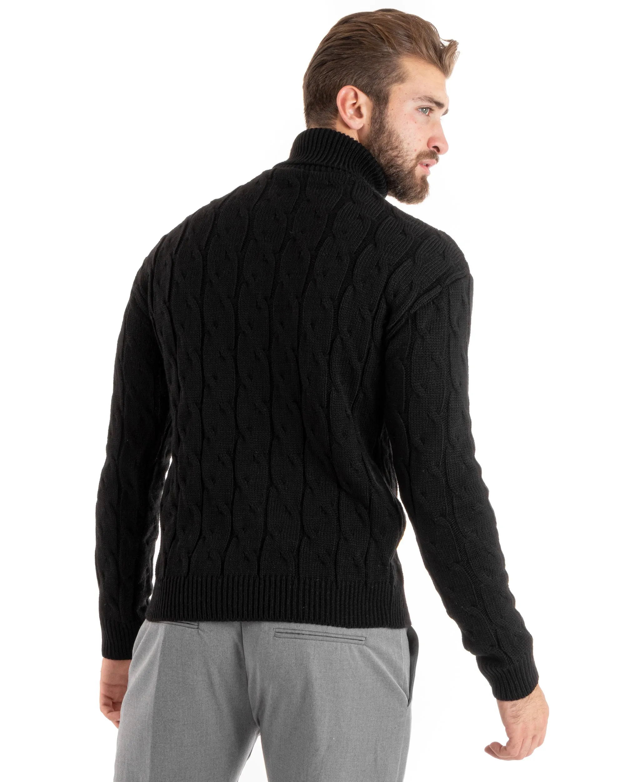 Maglioncino Uomo Collo Alto Maglia Inglese Con Trecce Nero Pullover Dolcevita GIOSAL-M2715A
