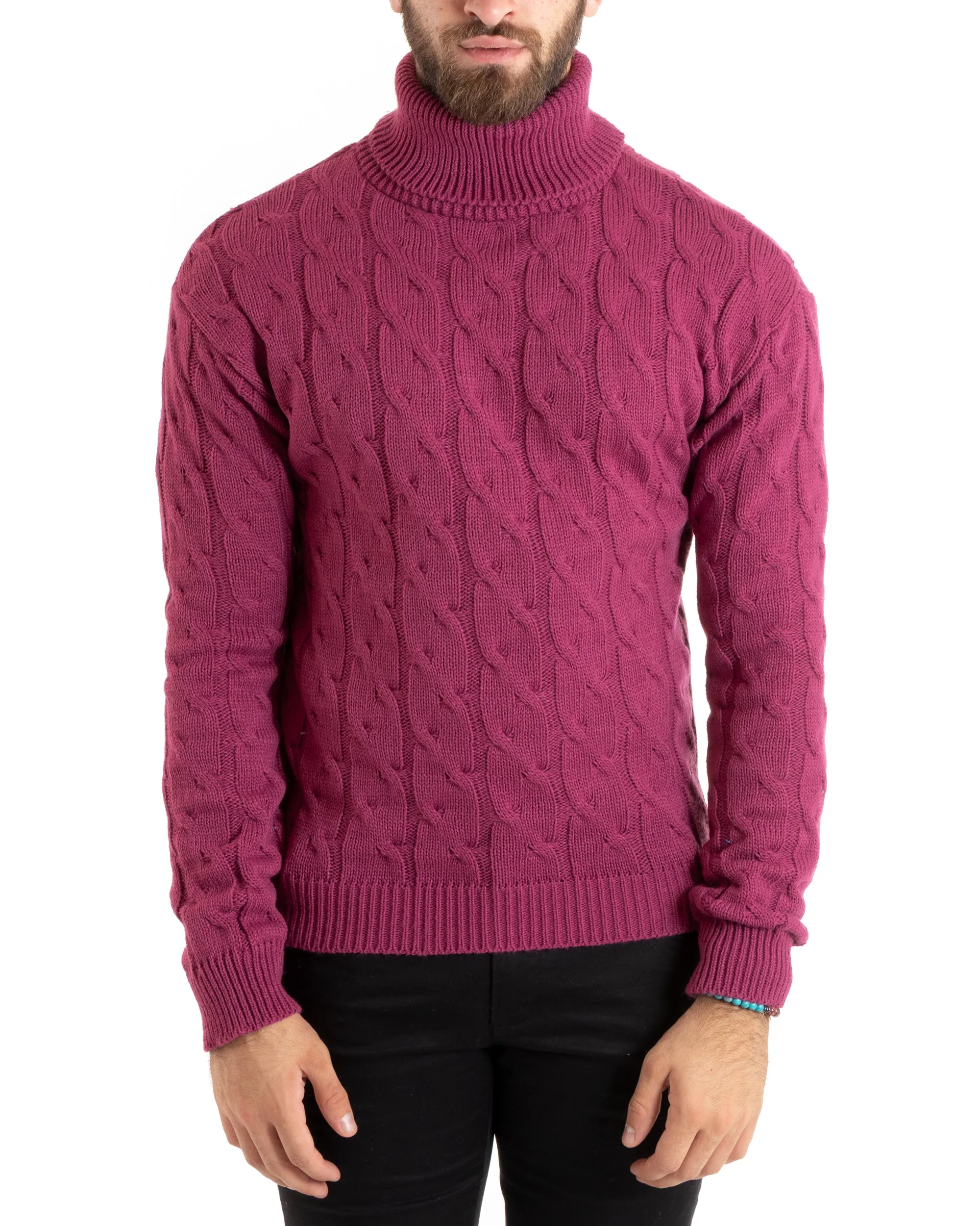 Maglioncino Uomo Collo Alto Maglia Inglese Con Trecce Prugna Pullover Dolcevita GIOSAL-M2714A