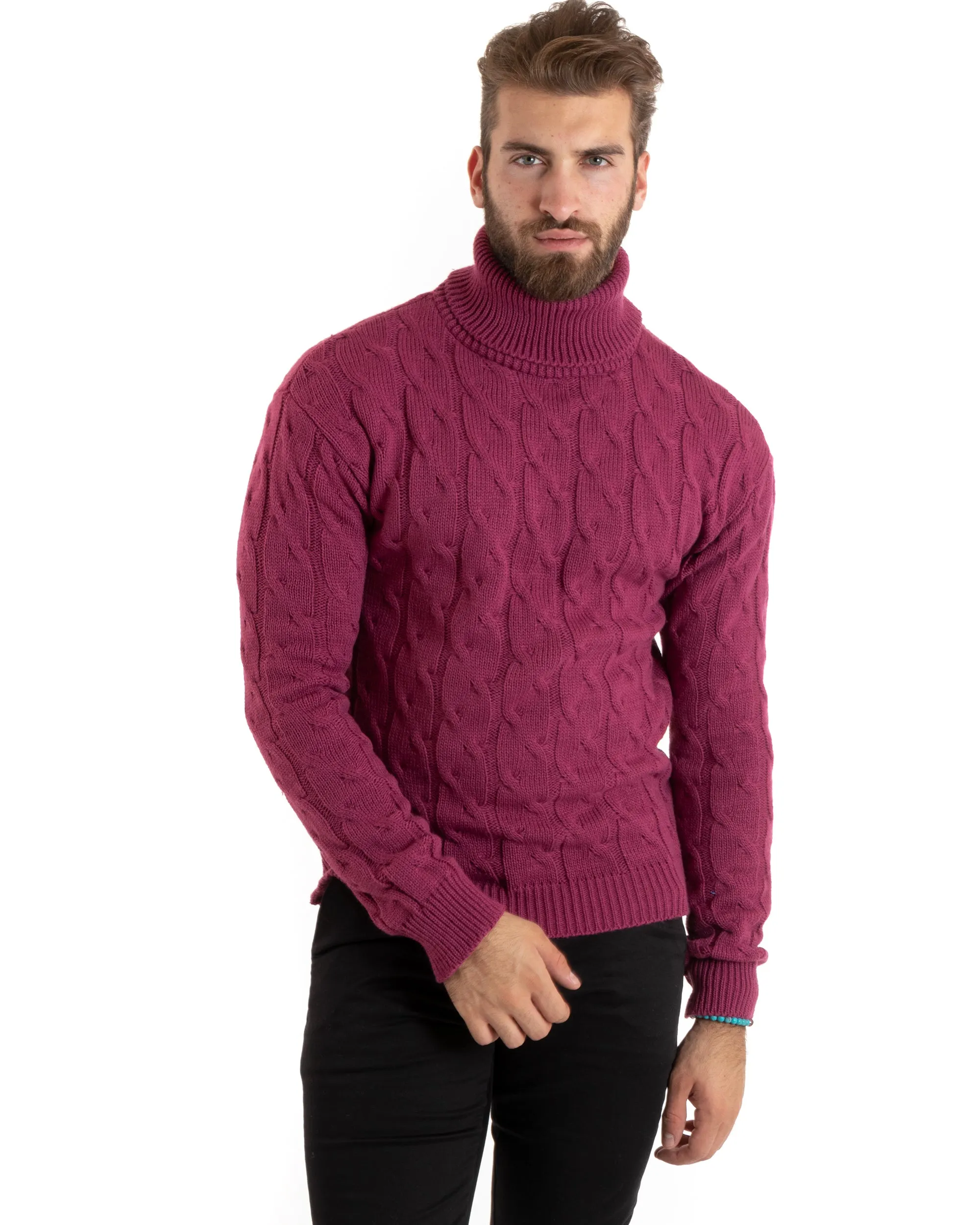 Maglioncino Uomo Collo Alto Maglia Inglese Con Trecce Prugna Pullover Dolcevita GIOSAL-M2714A