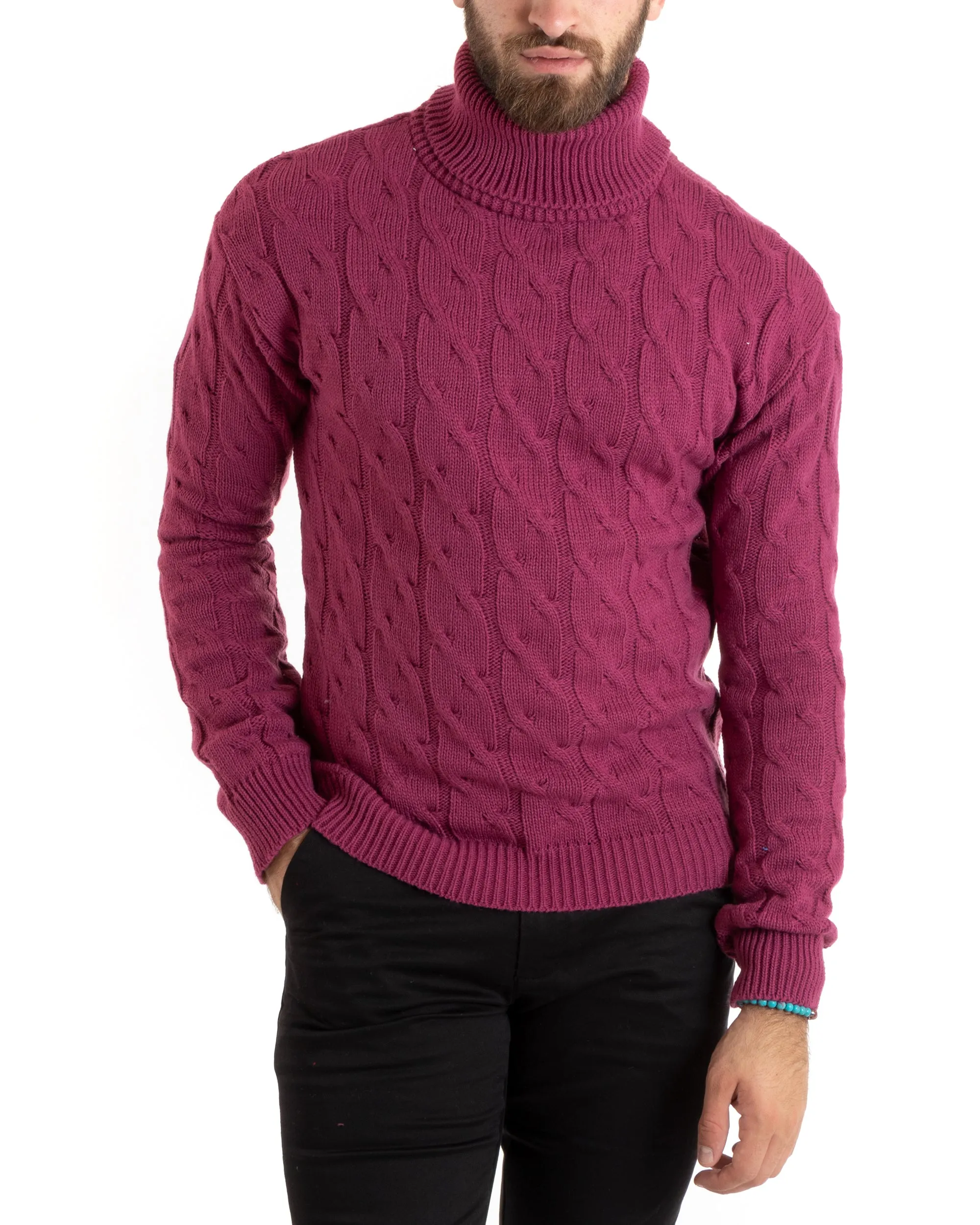 Maglioncino Uomo Collo Alto Maglia Inglese Con Trecce Prugna Pullover Dolcevita GIOSAL-M2714A