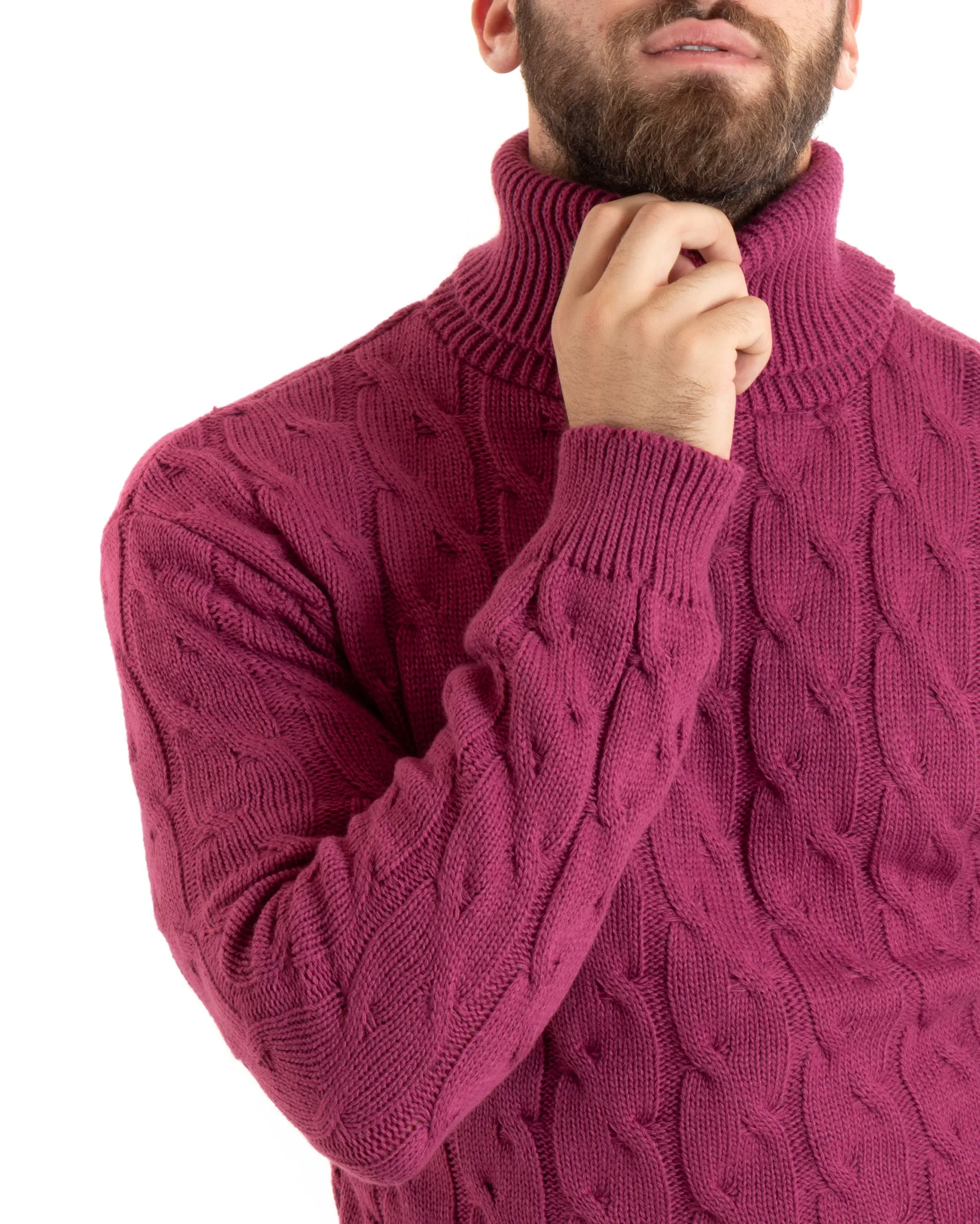 Maglioncino Uomo Collo Alto Maglia Inglese Con Trecce Prugna Pullover Dolcevita GIOSAL-M2714A