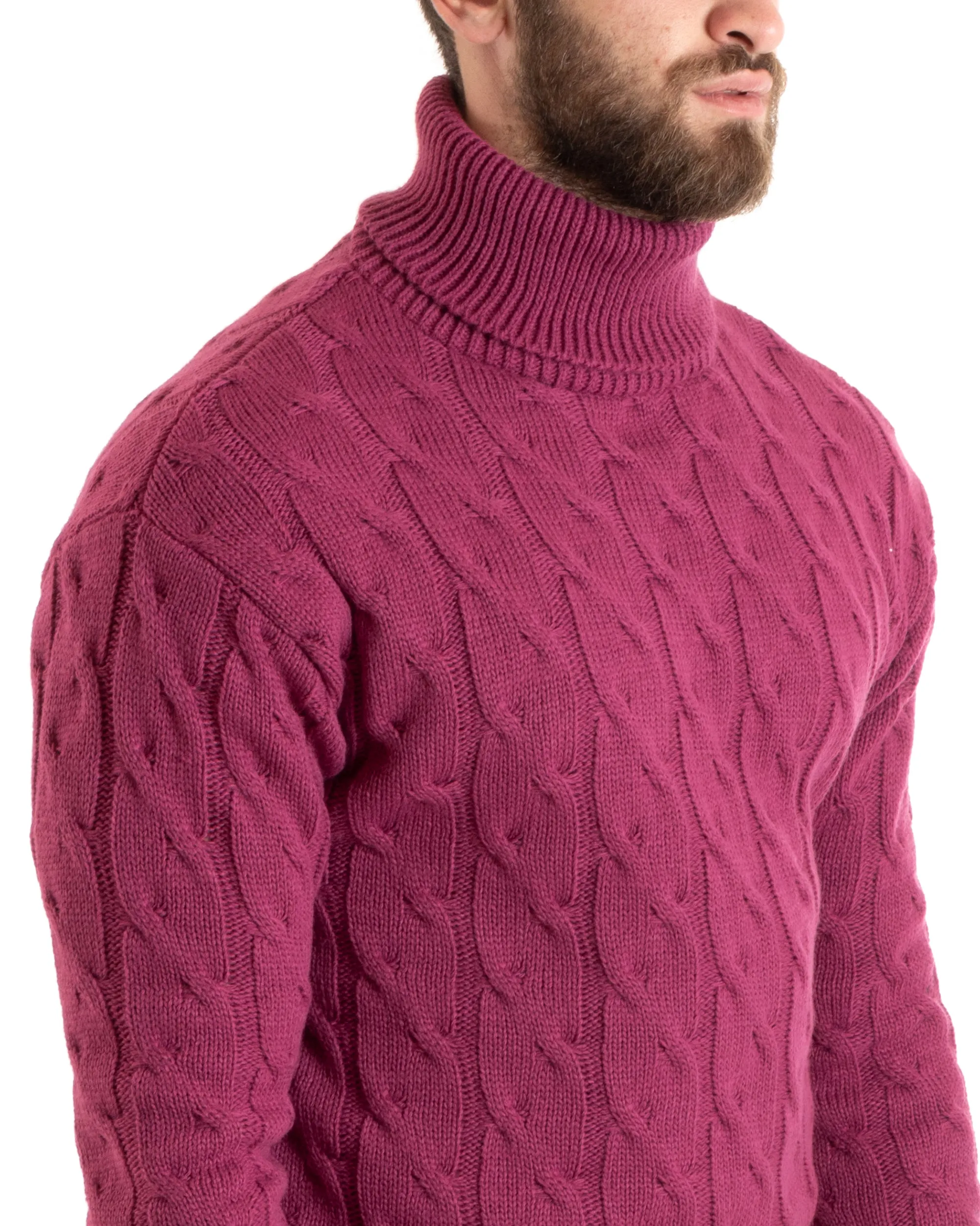 Maglioncino Uomo Collo Alto Maglia Inglese Con Trecce Prugna Pullover Dolcevita GIOSAL-M2714A