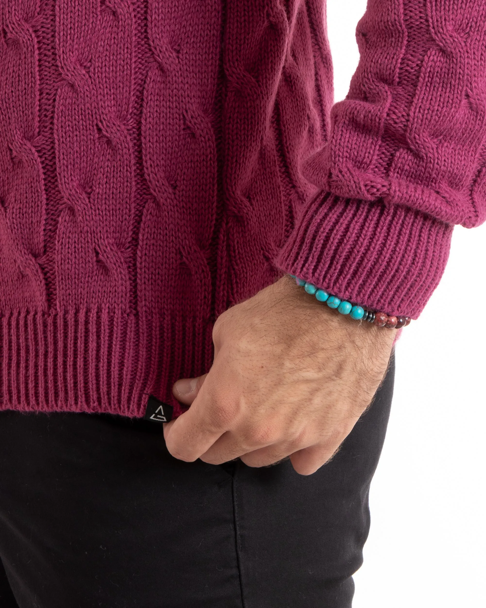 Maglioncino Uomo Collo Alto Maglia Inglese Con Trecce Prugna Pullover Dolcevita GIOSAL-M2714A