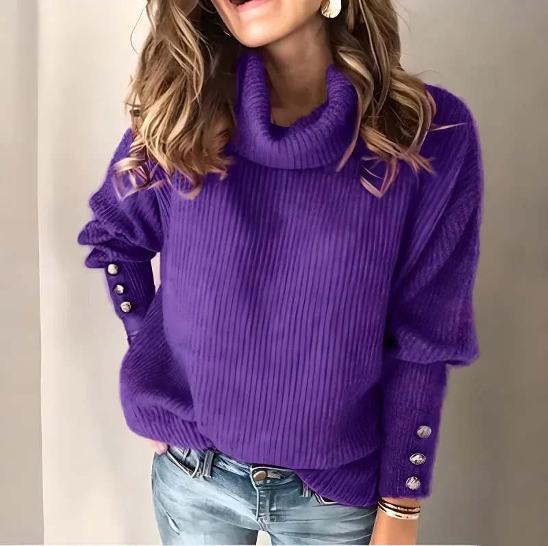 Maglione Donna Casual Tinta Unita Collo Alto Manica Lunga Coste Bottoni Caldo Autunno Inverno