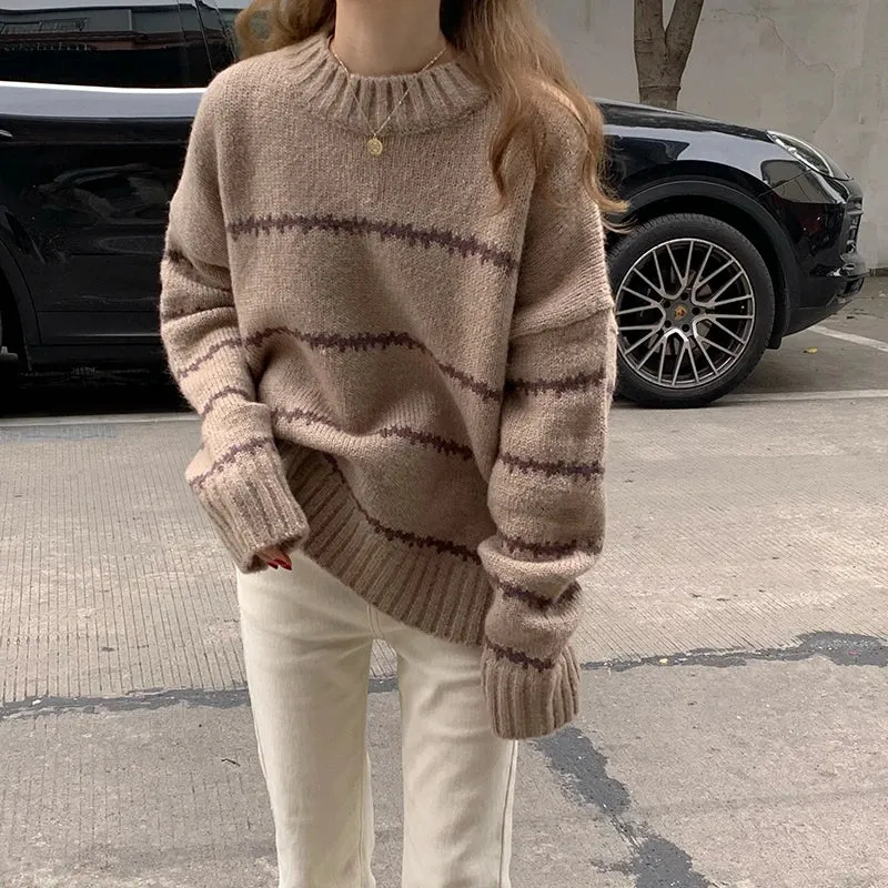 Maglione Donna Vintage Maniche Lunghe Righe Mezzo Collo Alto Lavorato Maglia Pullover Caldo