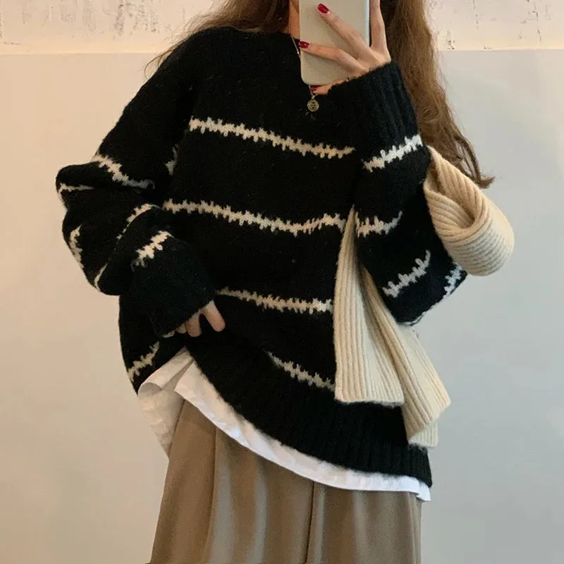 Maglione Donna Vintage Maniche Lunghe Righe Mezzo Collo Alto Lavorato Maglia Pullover Caldo