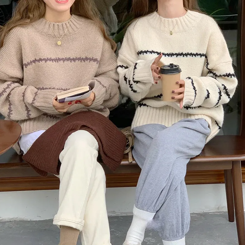 Maglione Donna Vintage Maniche Lunghe Righe Mezzo Collo Alto Lavorato Maglia Pullover Caldo