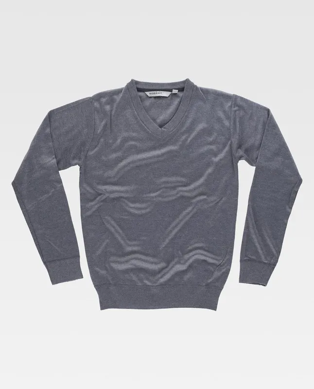 Maglione in maglia fine Scollo a V Vita e polsini elasticizzati Grigio