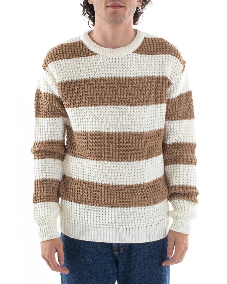 Maglione Uomo Maglioncino Maglia Pullover Rigato Bicolore Girocollo Camel Bianco GIOSAL-M2611A