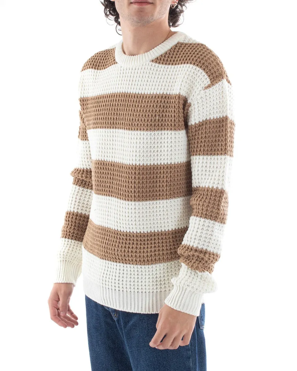 Maglione Uomo Maglioncino Maglia Pullover Rigato Bicolore Girocollo Camel Bianco GIOSAL-M2611A
