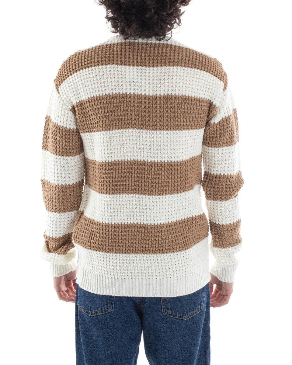 Maglione Uomo Maglioncino Maglia Pullover Rigato Bicolore Girocollo Camel Bianco GIOSAL-M2611A