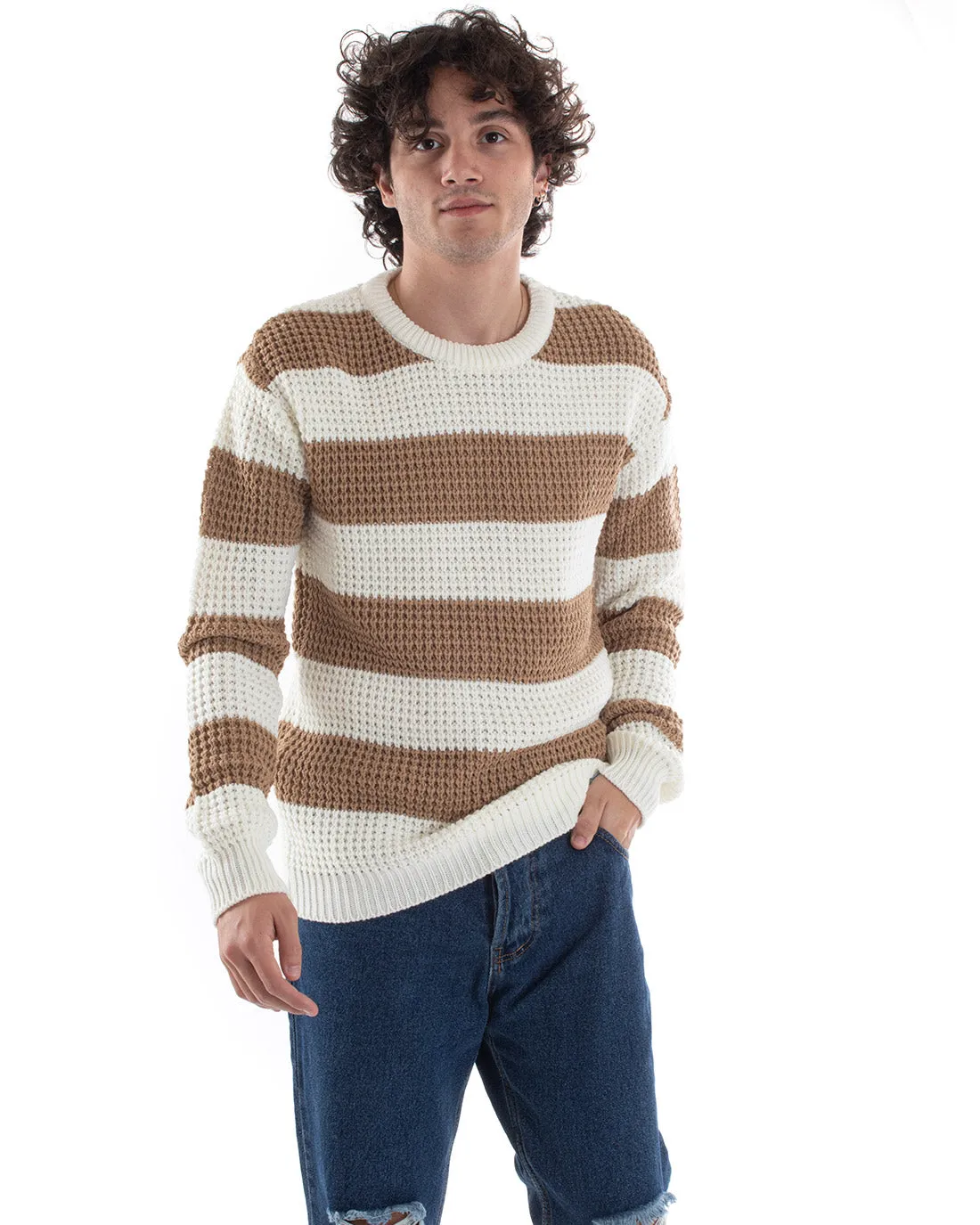 Maglione Uomo Maglioncino Maglia Pullover Rigato Bicolore Girocollo Camel Bianco GIOSAL-M2611A