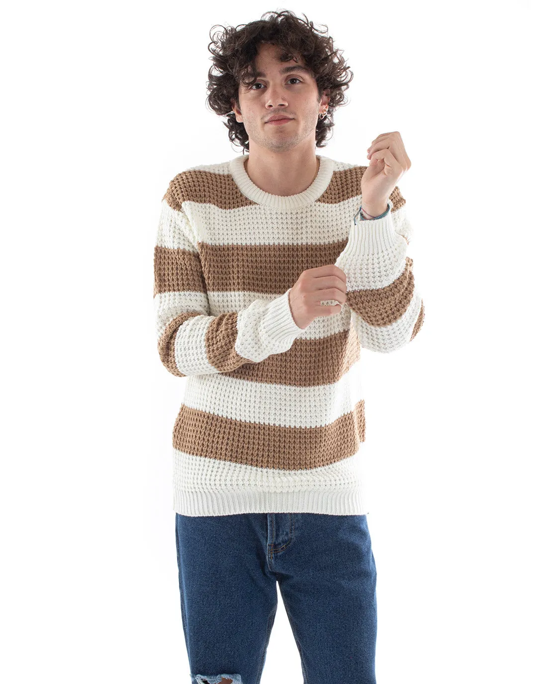 Maglione Uomo Maglioncino Maglia Pullover Rigato Bicolore Girocollo Camel Bianco GIOSAL-M2611A